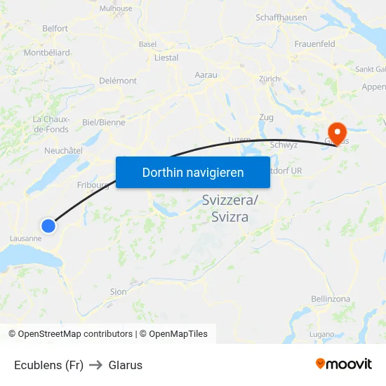 Ecublens (Fr) to Glarus map