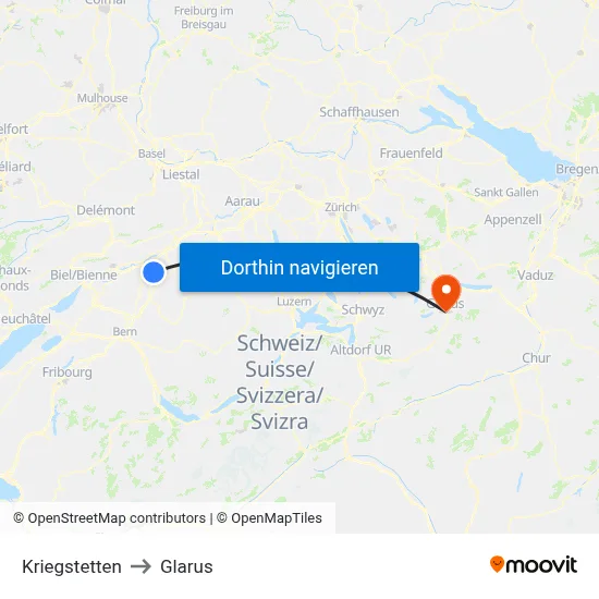 Kriegstetten to Glarus map