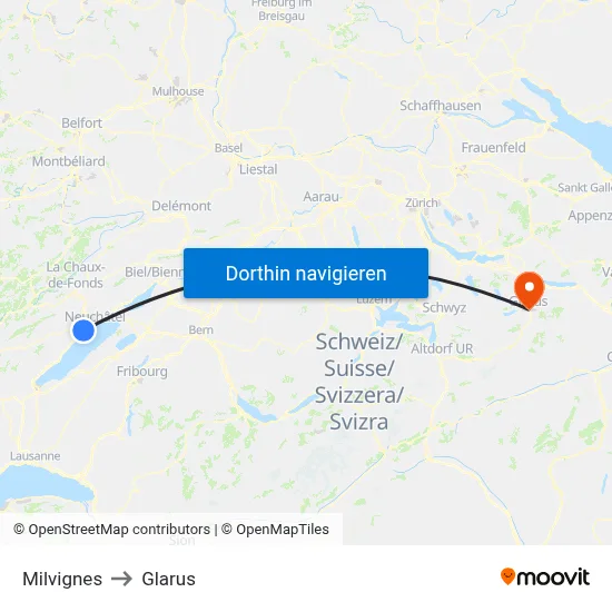 Milvignes to Glarus map