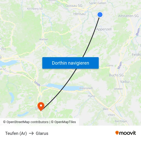 Teufen (Ar) to Glarus map