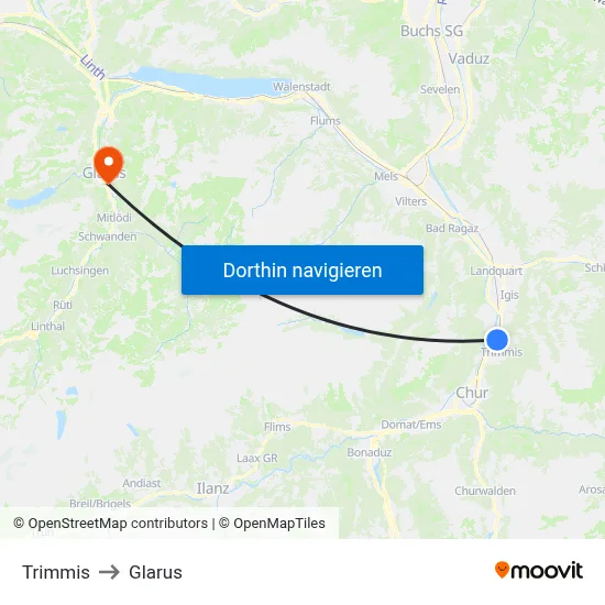 Trimmis to Glarus map