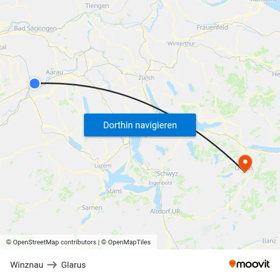 Winznau to Glarus map