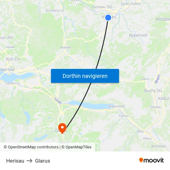 Herisau to Glarus map