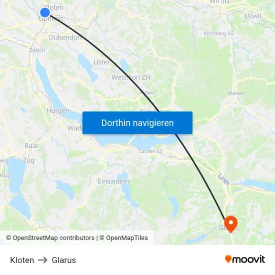 Kloten to Glarus map