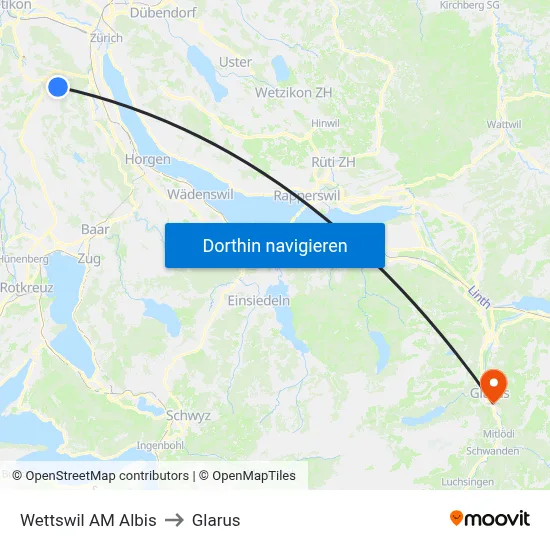 Wettswil AM Albis to Glarus map