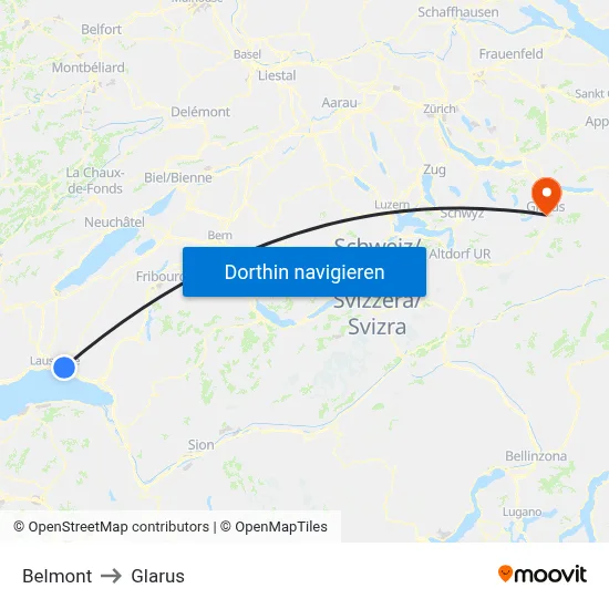 Belmont to Glarus map