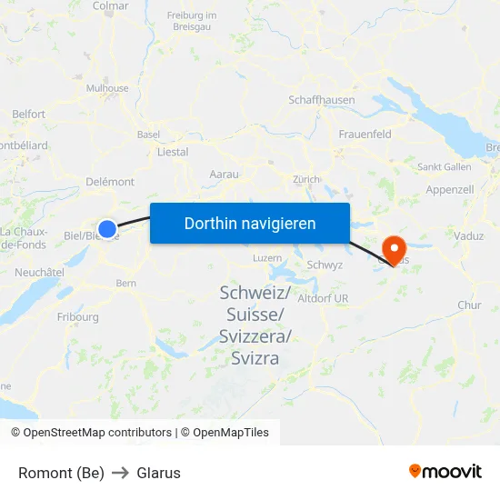Romont (Be) to Glarus map