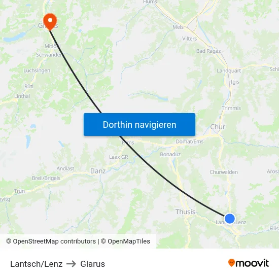 Lantsch/Lenz to Glarus map