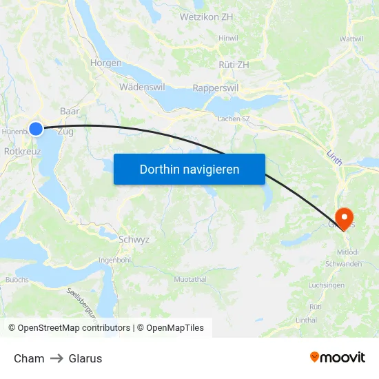 Cham to Glarus map