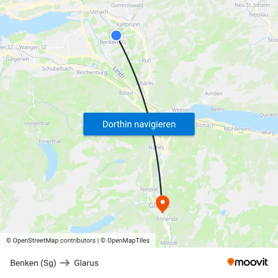 Benken (Sg) to Glarus map