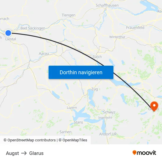 Augst to Glarus map