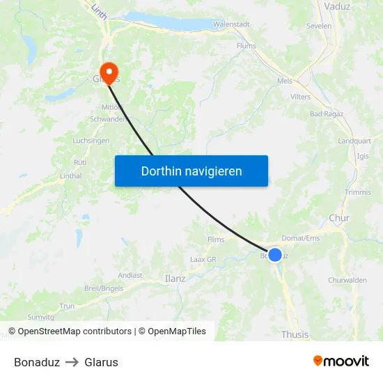 Bonaduz to Glarus map
