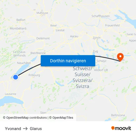 Yvonand to Glarus map
