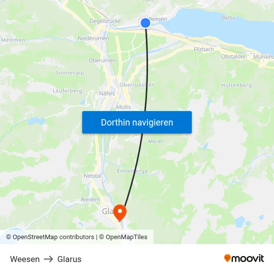 Weesen to Glarus map