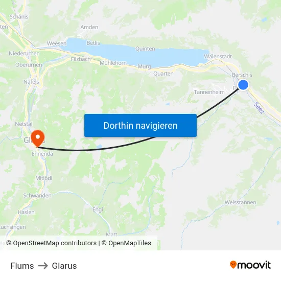 Flums to Glarus map