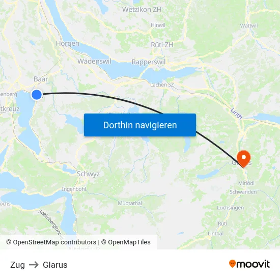 Zug to Glarus map