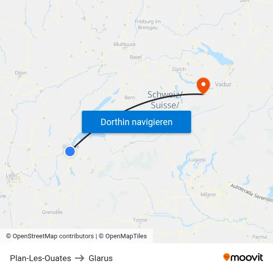 Plan-Les-Ouates to Glarus map