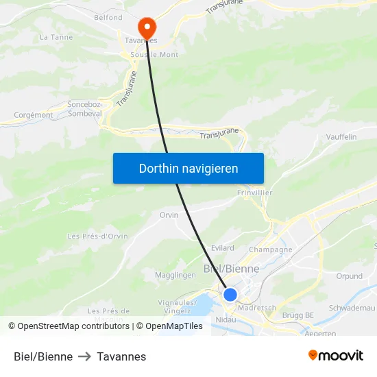 Biel/Bienne to Tavannes map