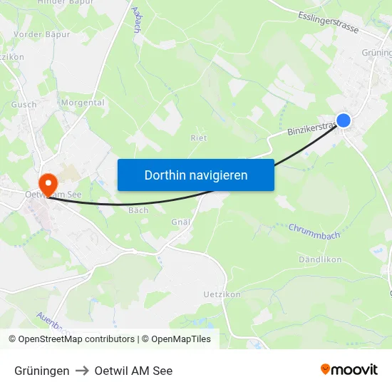 Grüningen to Oetwil AM See map