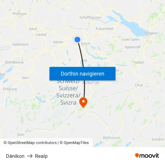 Dänikon to Realp map