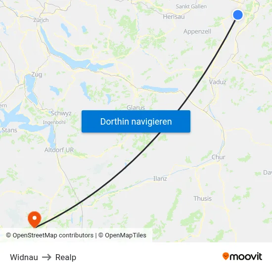Widnau to Realp map