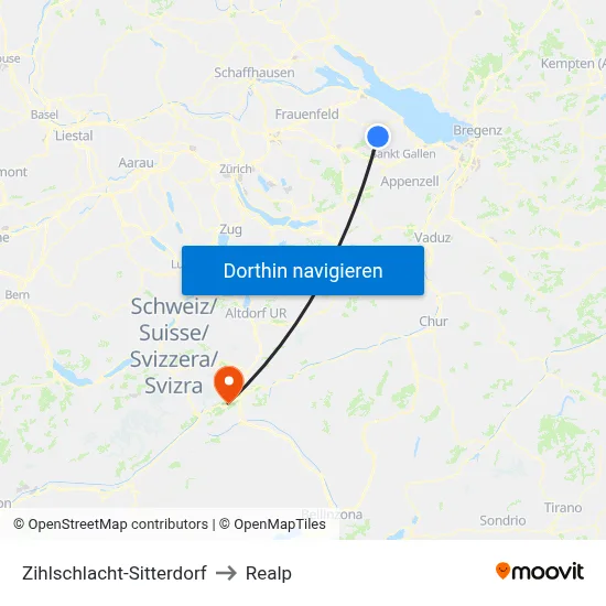 Zihlschlacht-Sitterdorf to Realp map