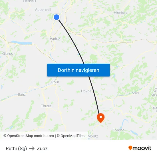 Rüthi (Sg) to Zuoz map