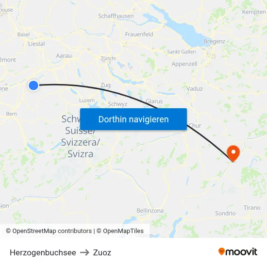 Herzogenbuchsee to Zuoz map