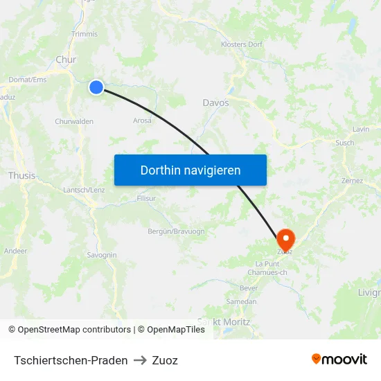 Tschiertschen-Praden to Zuoz map