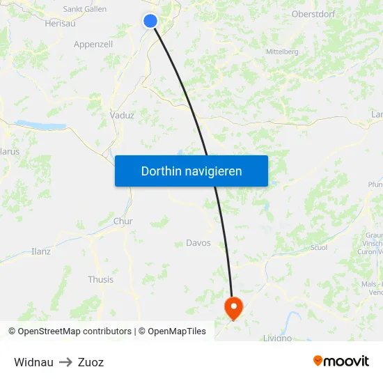 Widnau to Zuoz map