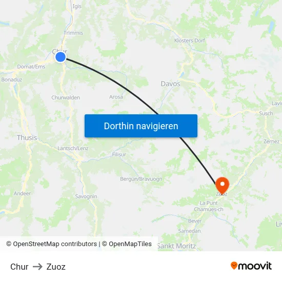Chur to Zuoz map