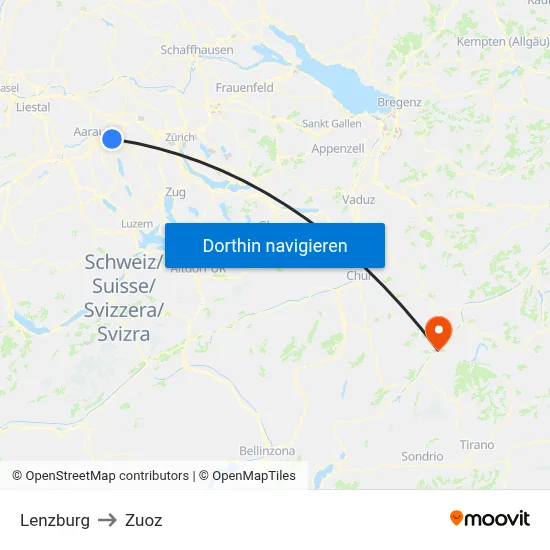 Lenzburg to Zuoz map