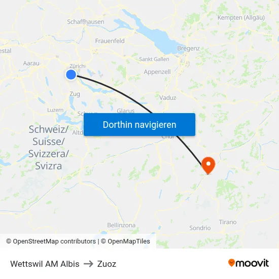 Wettswil AM Albis to Zuoz map