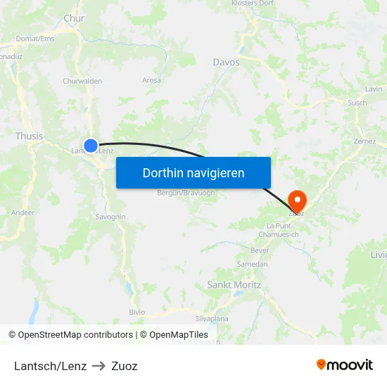 Lantsch/Lenz to Zuoz map