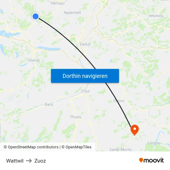 Wattwil to Zuoz map