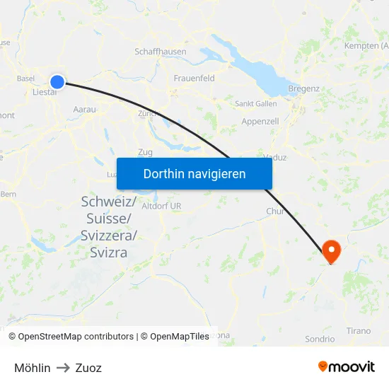 Möhlin to Zuoz map