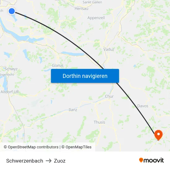 Schwerzenbach to Zuoz map