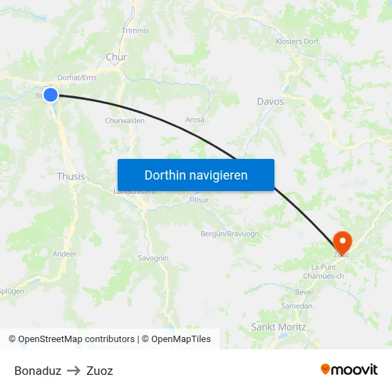 Bonaduz to Zuoz map