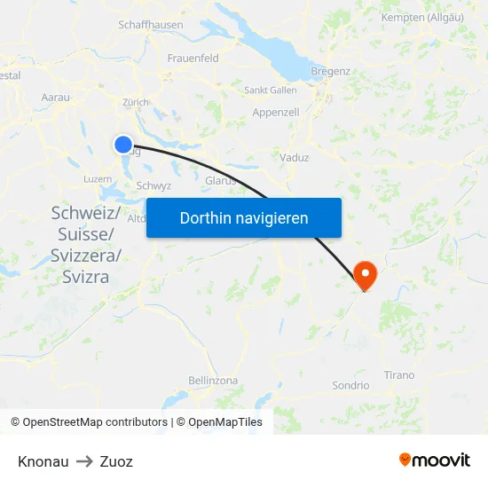 Knonau to Zuoz map