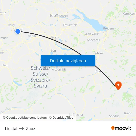 Liestal to Zuoz map