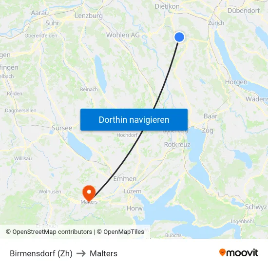 Birmensdorf (Zh) to Malters map