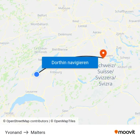 Yvonand to Malters map