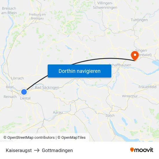 Kaiseraugst to Gottmadingen map