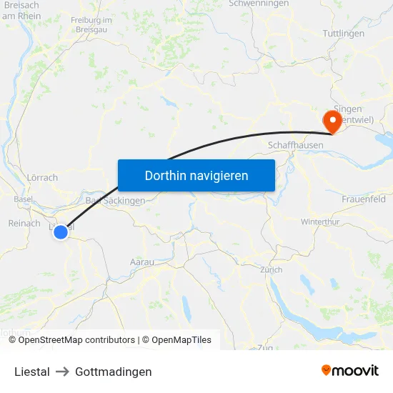 Liestal to Gottmadingen map
