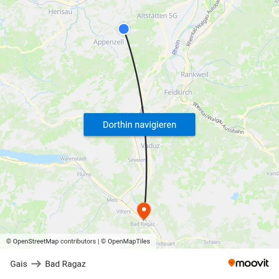 Gais to Bad Ragaz map