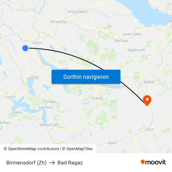 Birmensdorf (Zh) to Bad Ragaz map