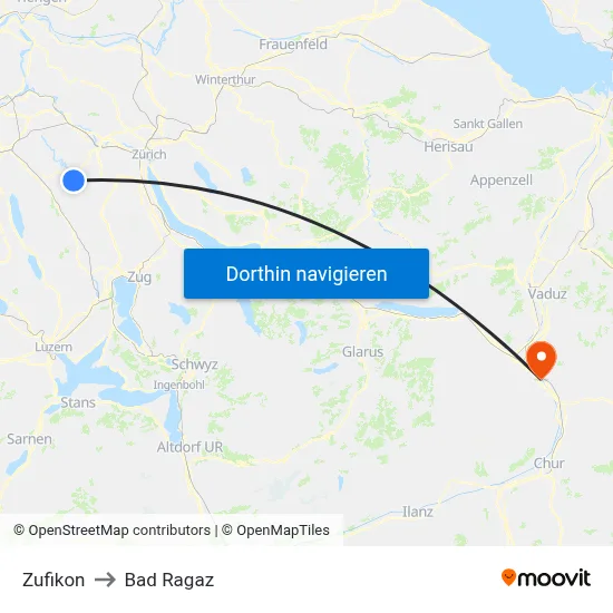 Zufikon to Bad Ragaz map