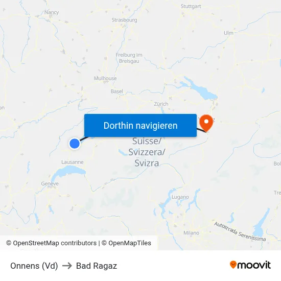 Onnens (Vd) to Bad Ragaz map