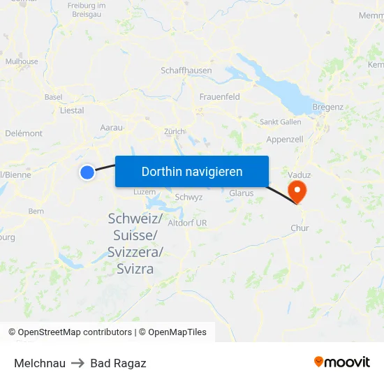 Melchnau to Bad Ragaz map