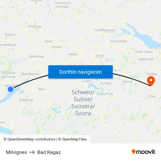 Milvignes to Bad Ragaz map